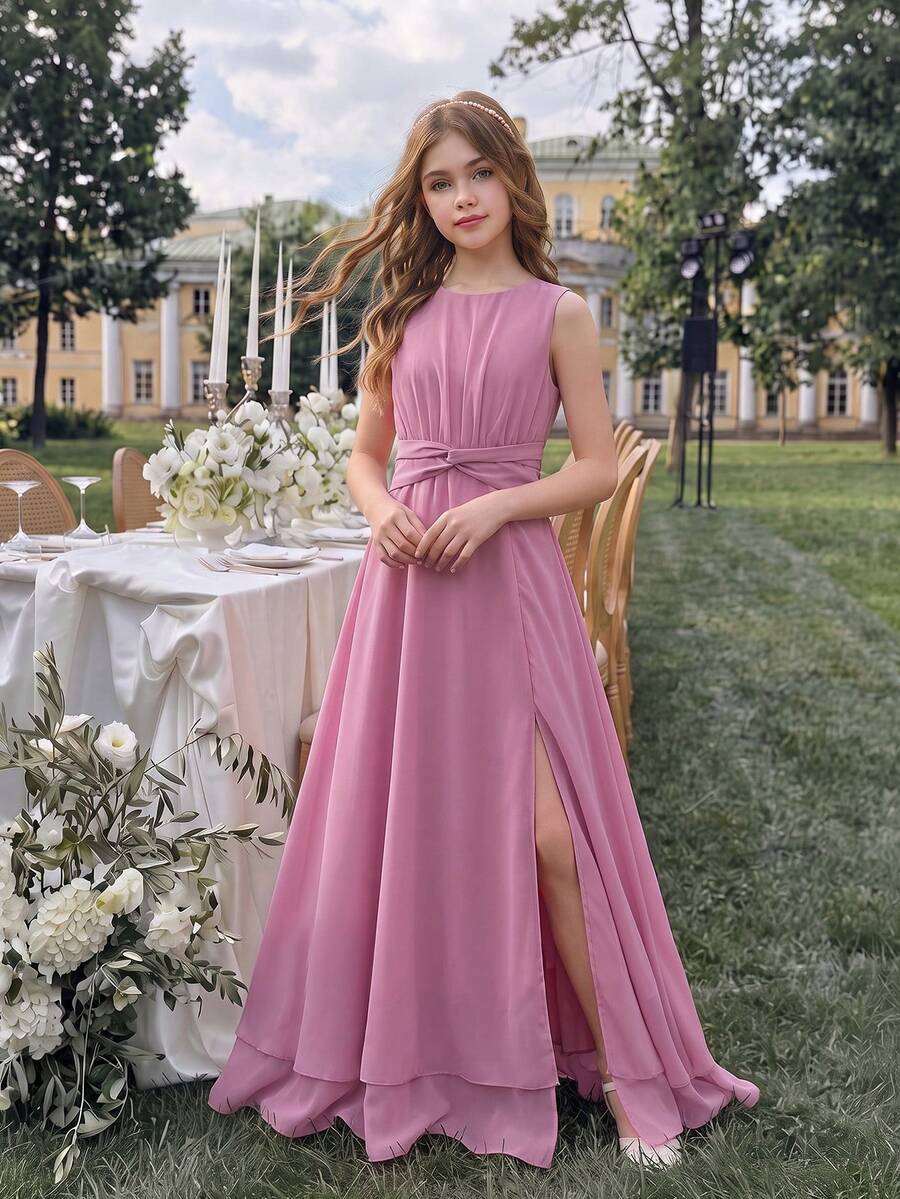 SHEIN Tween Girls Elegant Back To School Party Summer Dusty Pink Chiffon Rnd Neck Twisted Waist Dress Sixth Form,Graduation,Party - Dusty Pink - View 1