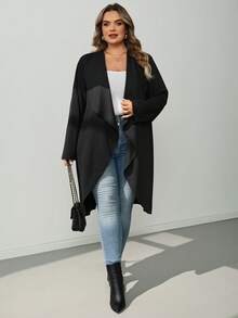 SHEIN CURVE+ Cardigan Kerah Air Terjun Hitam Ukuran Besar - Hitam - View 7