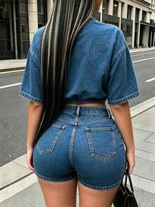 Rovax Loose Crew Neck Dropped Shoulder Short Sleeve Crop Top Tee Denim Graphic Print Tshirt - Multicolor - View 2