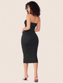 SHEIN BASICS 女款純色休閒日常無肩帶中長洋裝 - 黑色 - 查看 2