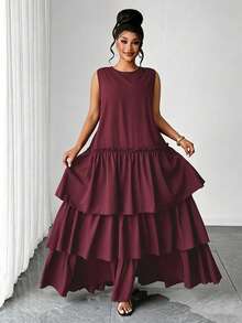Maweii Elegantes lässiges mehrlagiges ausgestelltes Kleid Große Größen - Bordeaux - Übersicht 8