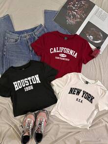 Divinelle 3pcs Set Casual Minimalist Letter Print Pattern Crew Neck Short Sleeve Fitted Women's Cropped T-Shirt - Multicolor - View 8