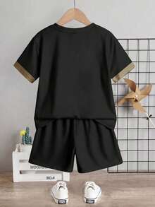 Young Boy Casual Minimalist T-Shirt Set, Classic Cool Color Block Patchwork Graphic Print, Classic Stripe Graphic Print, Exquisite Knight Pony Logo Graphic Print, Suitable For Back To School Season - Multicolor - View 3