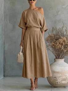 SHEIN Holidaya Gaun Panjang Wanita Model A-Line dengan Bahu Asimetris, Musim Gugur/Dingin - Khaki - View 2