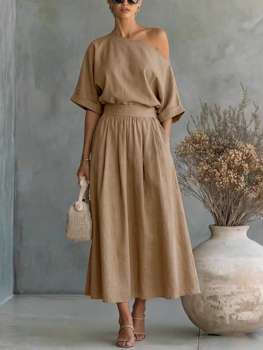 SHEIN Holidaya Gaun Panjang Wanita Model A-Line dengan Bahu Asimetris, Musim Gugur/Dingin