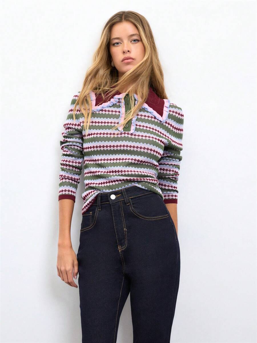 Nöista Top de punto con estructura de rayas de colores, cuello en color contrastante y detalles en color rosa alrededor, otoño para mujeres, vuelta al colegio - Verde - Ver 1