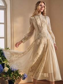 Anewsta Women's Long Sleeve Elegant Lady Embroidered Fabric Mid-Length Mesh Dress - Beige - View 1