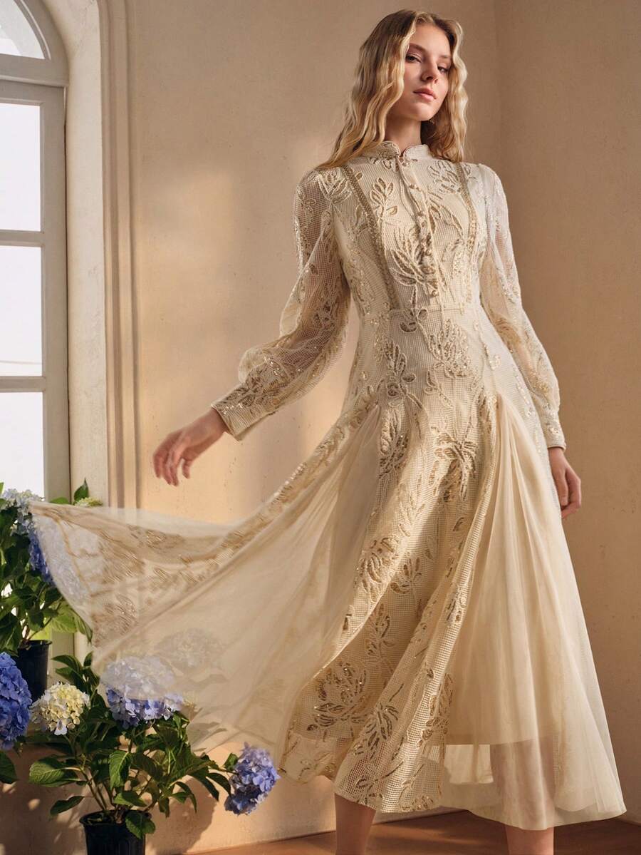 Anewsta Women's Long Sleeve Elegant Lady Embroidered Fabric Mid-Length Mesh Dress - Beige - View 1