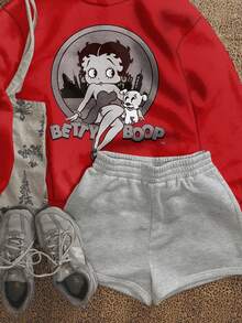 Betty Boop x SHEIN SHEIN EZwear 休閒極簡卡通印花連帽長袖寬鬆加厚女款運動衫 - 紅色 - 查看 9