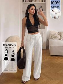 SHEIN Tall 2026女款春夏度假系列：新款白色100%純棉寬鬆抽繩腰長褲，水洗棉面料，適合居家休閒、日常跑腿、海灘出遊、時尚穿搭與休閒穿著，適合高個女性 - 白色 - 查看 4