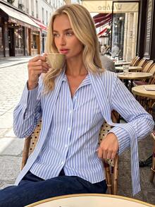 COSMINA Women's Casual French Commute Office Blue And White Stripe Tie Waist Blouse Summer - Blue - View 1