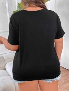 SHEIN CURVE+ Plus Size Women's Sequined Short Sleeve T-Shirt With Patchwork Design - Black - View 2