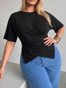 Maija Plus Size Women's Solid Color Round Neck Short Sleeve Ruched Asymmetric Hem Casual T-Shirt Club Formal Black Summer Autumn Halloween - Black - View 3
