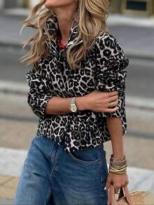 SHEIN LUNE Chaqueta diaria simple para mujer con estampado de leopardo - Multicolor - Ver 3