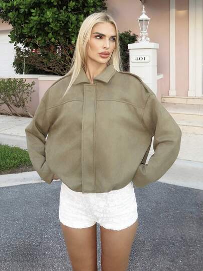 Luzma Cabello Luzma Cabello Women's Regular Faux Suede Long Sleeve Single Breasted Loose Casual Jacket, For Spring, Pocket Metal Button Short Military Green Suitable And Autumn