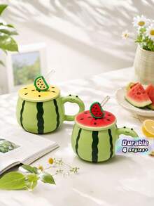 Creative Watermelon Ceramic Mug Gift Box With Lid & Straw, Cute Summer Couple Water Cup, Birthday Gift For Girls - Multicolor - View 1