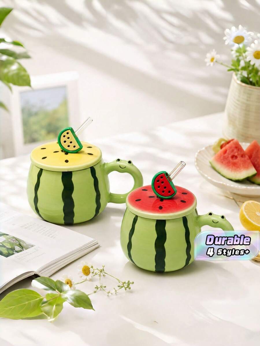 Creative Watermelon Ceramic Mug Gift Box With Lid & Straw, Cute Summer Couple Water Cup, Birthday Gift For Girls - Multicolor - View 1