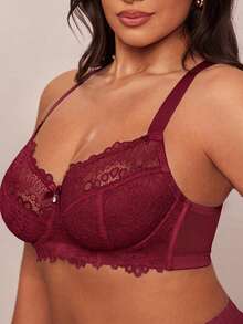 SHEIN BAE CURVE 聖誕蕾絲拼接大尺碼鋼圈內衣 - 酒紅色 - 查看 6