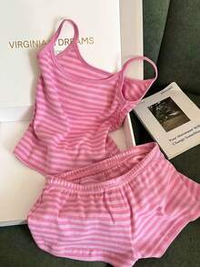 INAWLY Plus Size Women's Minimalist Fashion Casual Vacation Style Striped Cami & Shorts Set - Hot Pink - View 4