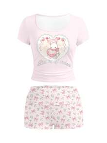 ROMWE Anime Cute Rabbit Heart Bow Floral Rose Butterfly T-Shirt & Shorts Women 2 Pieces Set - Pink - View 1