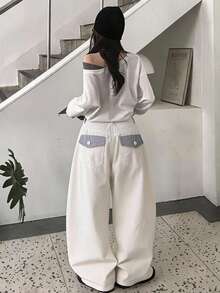 DAZY Women's Plaid Loose Casual Solid Color Girlish Versatile Pants, Suitable For All Seasons Fall - White - View 1