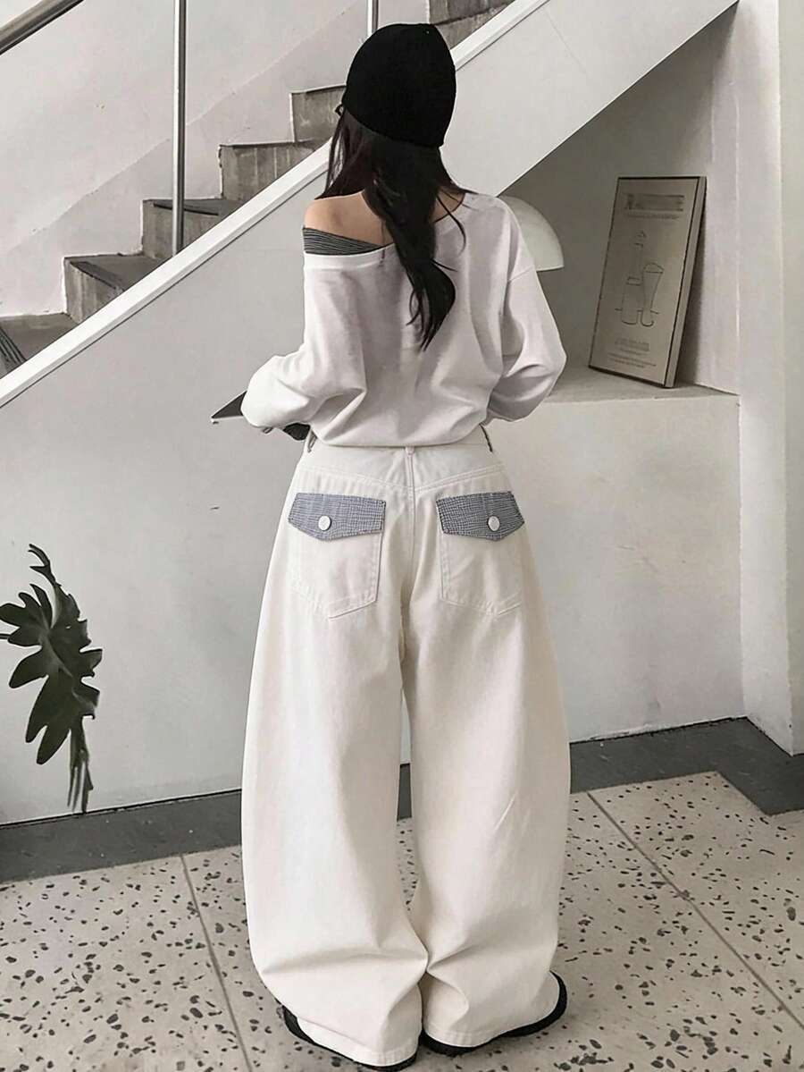 DAZY Women's Plaid Loose Casual Solid Color Girlish Versatile Pants, Suitable For All Seasons Fall - White - View 1