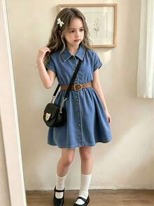 SHEIN Playful Pals 女童宽松落肩领纽扣衬衫裙，配时尚腰带，适合日常休闲和度假穿着，也可作为少女正式礼服。 - 深色水洗藍 - 查看 3
