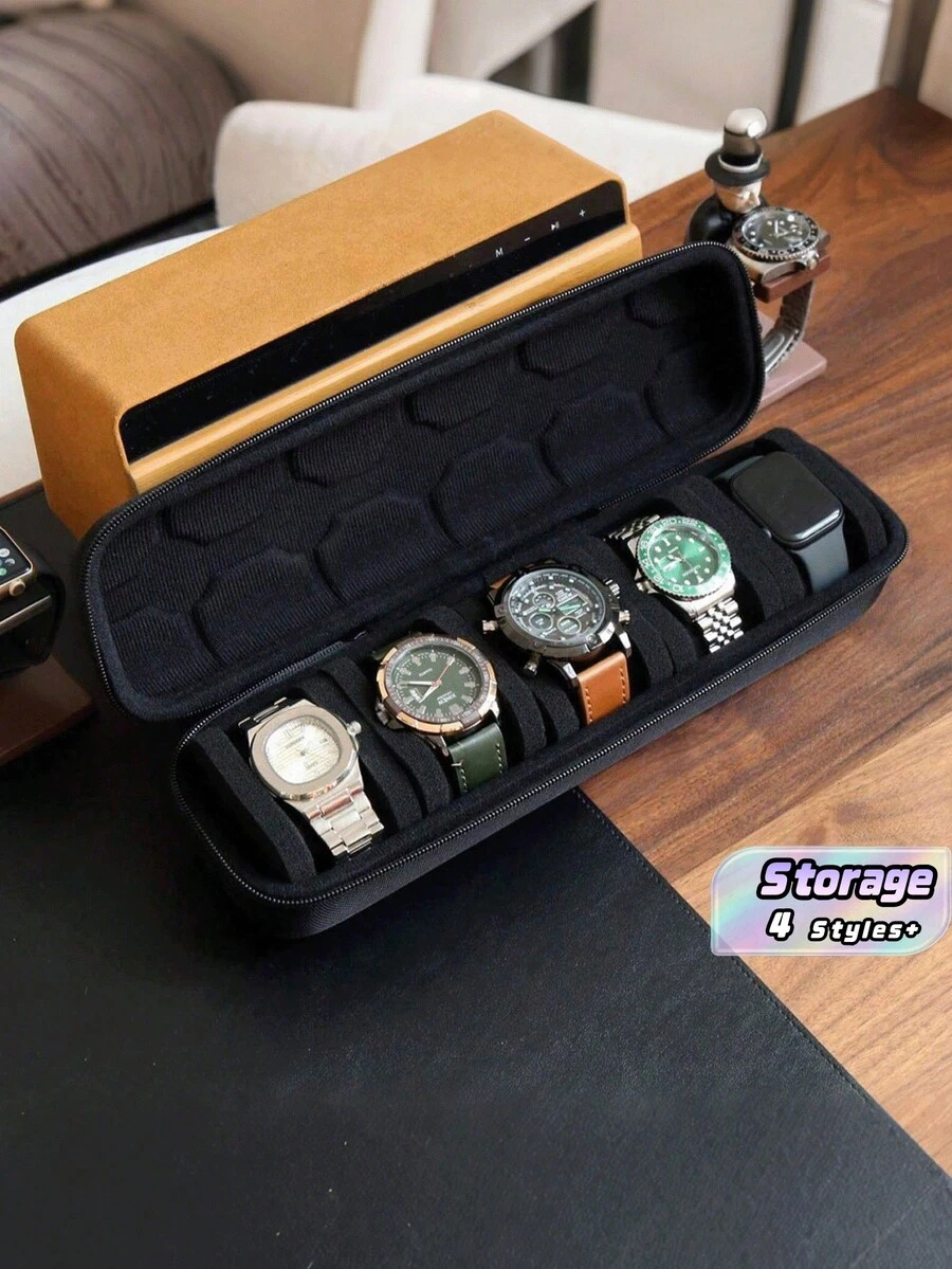 Portable Watch Organizer With Handle Scratch-Resistant Interior Watch Case With Flip For Men AndWomen Multifunctional Watch Box For Home TravelWatch Collectors Ideal Gift For Men Women WatchAccessories Home Organization Decor Travel Essentials - Black - View 1