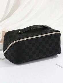 1pc Pu Multifunctional Travel Makeup Bag, Multi-Layer Compartment Cosmetic Organizer Bag, Large Capacity Makeup Brush Holder, Cosmetics, Makeup Brushes, Powder, Lipstick, Suitable For Beach, School - Brown Plaid - View 9