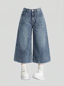 SHEIN Girlism 青少年女孩口袋寬腿鬆垮休閒百搭牛仔褲 - 中等水洗藍 - 查看 1