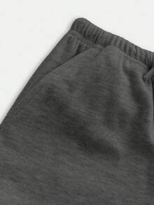 SHEIN Girlism 青少年女孩寬鬆休閒極簡百搭寬腿羅紋針織抽繩運動長褲 素色 - 深灰色 - 查看 7