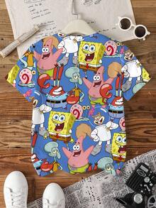 SpongeBob SquarePants | SHEIN 青少年男孩卡通印花圓領休閒短袖T恤 - 白色 - 查看 2