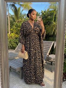 SHEIN Lady Women's Leopard Print 3/4 Sleeve Slit Hem Dress For Vacation - Multicolor - View 4