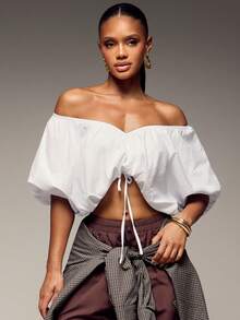 Hauture Women's Summer Sexy Minimalist Lantern Sleeve Off-Shoulder Crop Top, Perfect For Chic Office Wear, Going Out, Concerts, Girls Day, Brunch - White - View 1