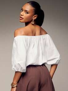 Hauture Women's Summer Sexy Minimalist Lantern Sleeve Off-Shoulder Crop Top, Perfect For Chic Office Wear, Going Out, Concerts, Girls Day, Brunch - White - View 2