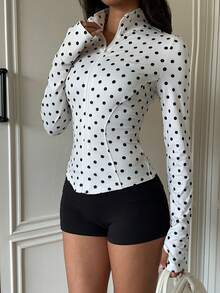SHEIN EZwear 女款白色波點長袖前拉鍊修身夾克 - 杏色 - 查看 3