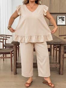 SHEIN CURVE+ 2pcs Plus Size Women's Solid Color Back Single-Row Button Short Sleeve Shirt And Pants Set - Khaki - View 8