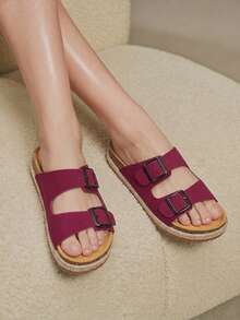 Solecia Sandal Musim Panas Wanita Terbaru dengan Sol Tali Rami, Model Slip-On dengan Hiasan Gesper Sabuk, Sandal Pantai Modis - Burgundy - View 7