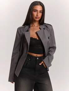 SHEIN BAE جاكيت مصمم بياقة صغيرة واقفة وقصة ضيقة مع خصر مشدود للارتداء في العمل والحفلات فاخر - رمادي - مشاهدة 3