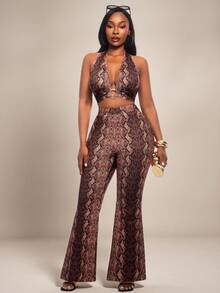 Radiana Plus Size Women's Fashion Sexy 2-Piece Set: Ring Design Snake Print Halter Deep V-Neck Top + Matching Flare Pants Set, Suitable For Party, Daily Wear - Multicolor - View 8
