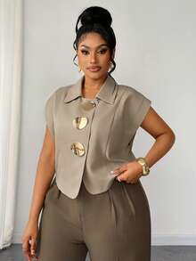Maweii Plus Size French Style Commuter Minimalist Romantic Design Elegant Blouse - Khaki - View 1