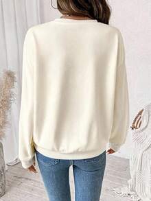 SHEIN LUNE 休閒極簡印花連帽長袖寬鬆女款運動衫 - 米色 - 查看 2