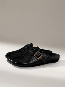 Solecia Zapatos de mujer que se pueden usar en todas las estaciones, rayas asimétricas, hebilla rayada a mano, punta de cinco dedos, suela plana, estilo de moda, cuero PU negro, para caminar al aire libre, para usar en el Día de San Valentín - Negro - Ver 7