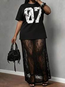 Slaydiva Große Größen Sommer Mode Digitaldruck T-Shirt & Spitzenrock 2 Stücke Set - Schwarz - Übersicht 10