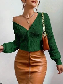 EURMUSE Women's Casual Twist Knit Button-Up Cardigan, Autumn/Winter,Cardigans,Long Cardigans Woman,Petite,Tall - Dark Green - View 4