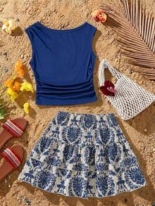 Teen Girls Blue Jacquard Textured Knit Sleeveless Top And Vintage Print Double Layer Ruffle Skirt 2-Piece Set, Fresh And Sweet Summer Vacation Casual Outfit, Back To School - Multicolor - View 3