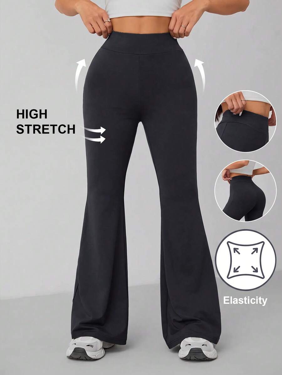SHEIN PETITE 女款純色高腰休閒百搭日常喇叭褲 - 深灰色 - 查看 1