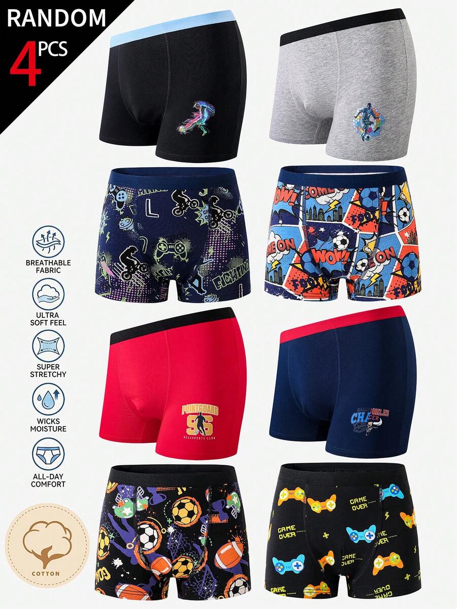 Set de 4 calzoncillos tipo bóxer de algodón con estampados de baloncesto, fútbol y control de juegos para niños preadolescentes - Multicolor - Ver 1