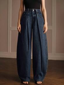 Anewsta Women's Autumn/Winter Modern Retro High-Waist Double Pleated Hip-Flattering Slimming Curved Floor-Length Jeans In Deep Blue Washed - Blue - View 3