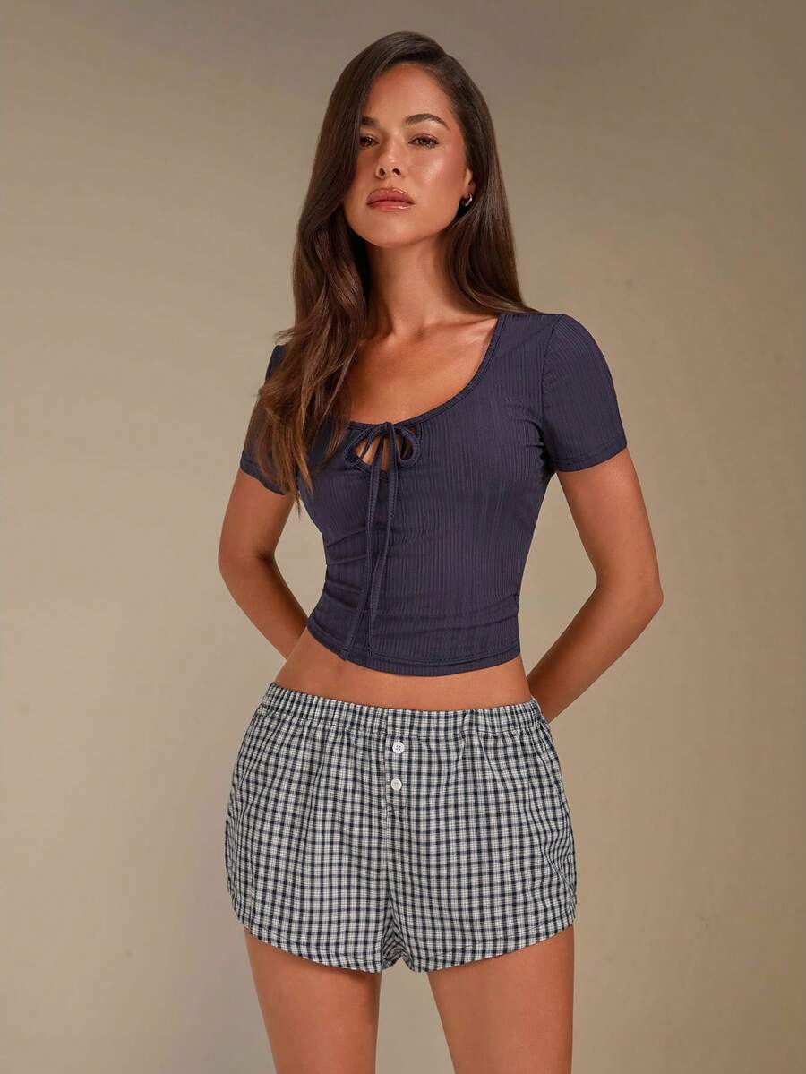 Athîral Solid Color Fitted Round Neck Short Sleeve Tie Decor Woven Plaid Faux Placket Shorts Women Pajama Set - Navy Blue - View 1